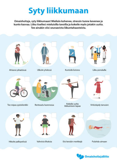 Liikuntahaastekortti, jossa kuvituskuvilla esitetty erilaisia liikuntamuotoja.