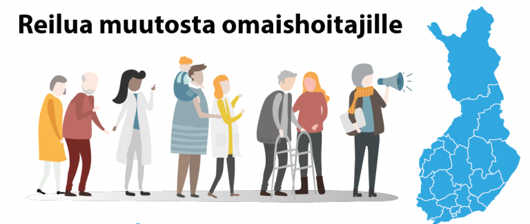 Piirroskuva, jossa Suomen kartta ja erilaisia yhdistystoimijoita sekä teksti "Reilua muutosta omaishoitajille."