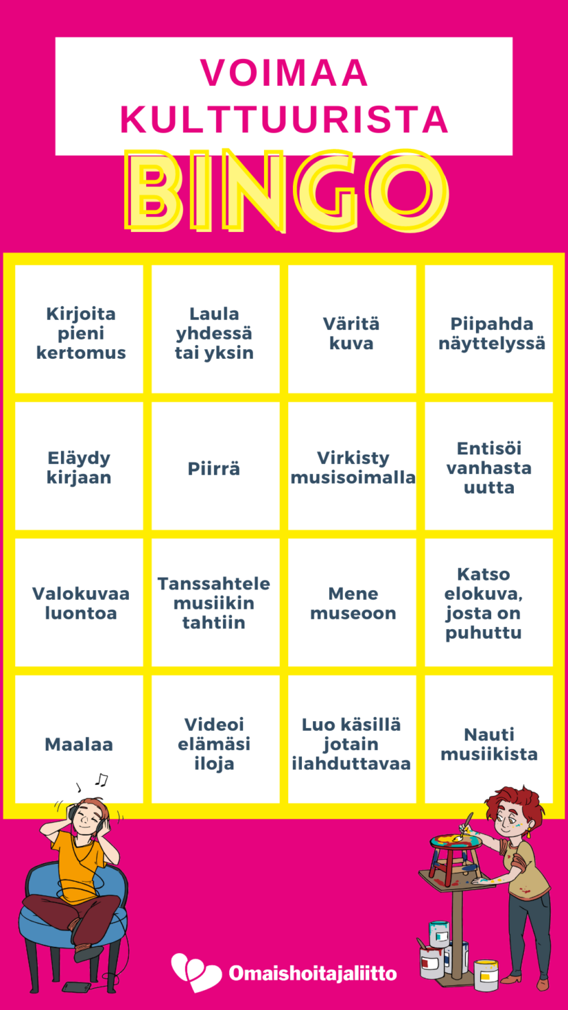 Voimaa kulttuurista bingo, jossa erilaisia kulttuuritehtäviä taulukkona.