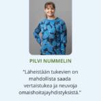 Kuva Pilvi Nummelinista ja teksti: “Läheistään tukevien on mahdollista saada vertaistukea ja neuvoja omaishoitajayhdistyksistä.”