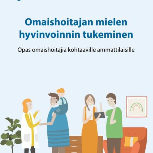 Kuva Omaishoitajan mielen hyvinvoinnin tukeminen -oppaan kannesta. Kannessa kuvituskuvia ihmisistä.